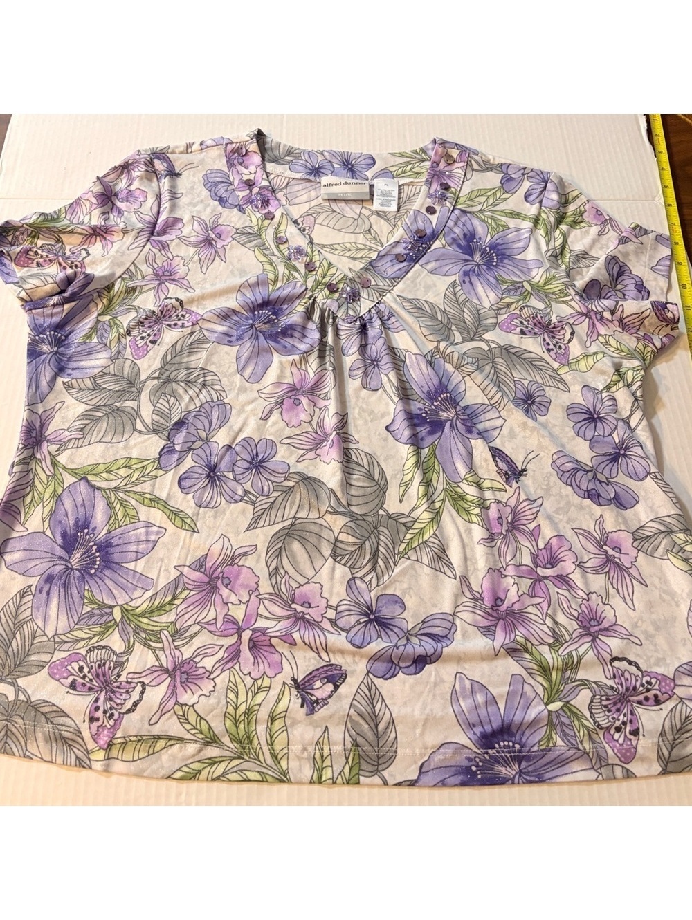 Alfred Dunner Purple and White Floral V-Neck Top
